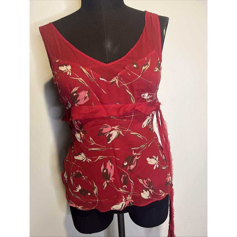 BCBG‎ Maxazria Tank 100% Silk Red Floral Sheer Lined Small